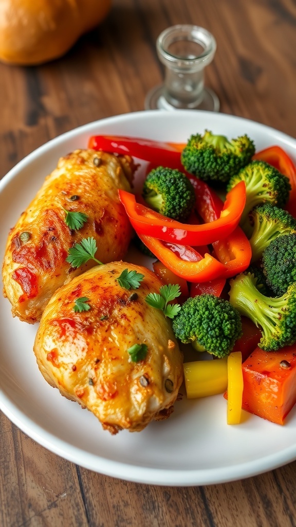 Quick and Healthy Air Fryer Dinner for Two Air-fried chicken and vegetables on a plate, garnished with parsley, on a wooden table.